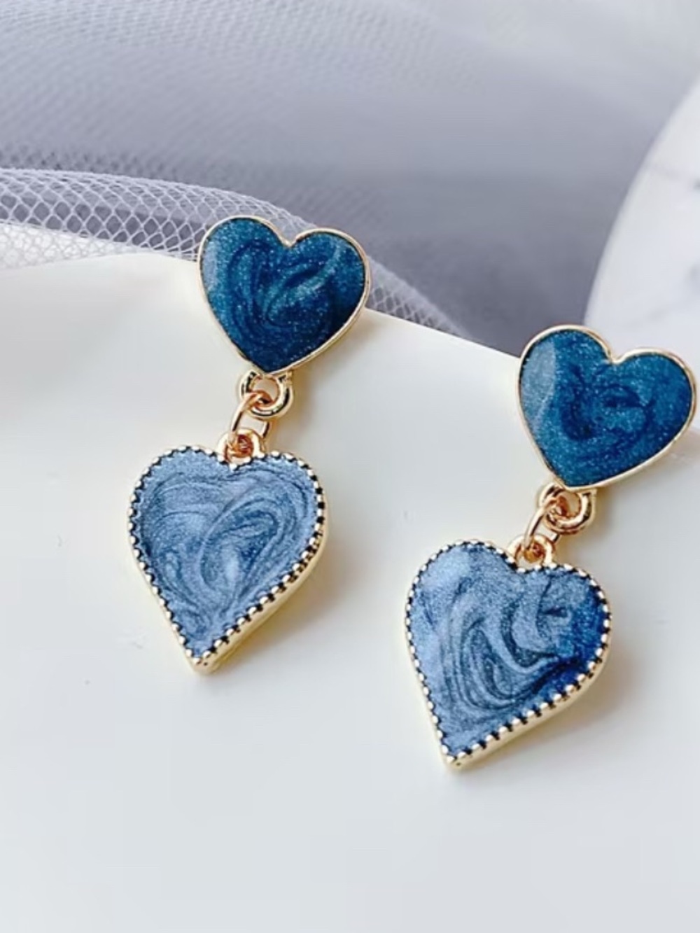 BLUE Heart Drop Post Earrings